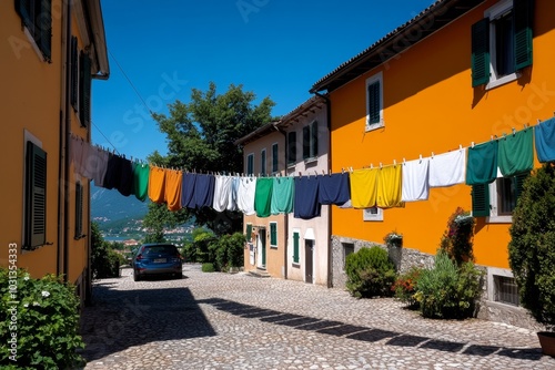 Bright laundry hanging between two buildings, fluttering in the breeze
