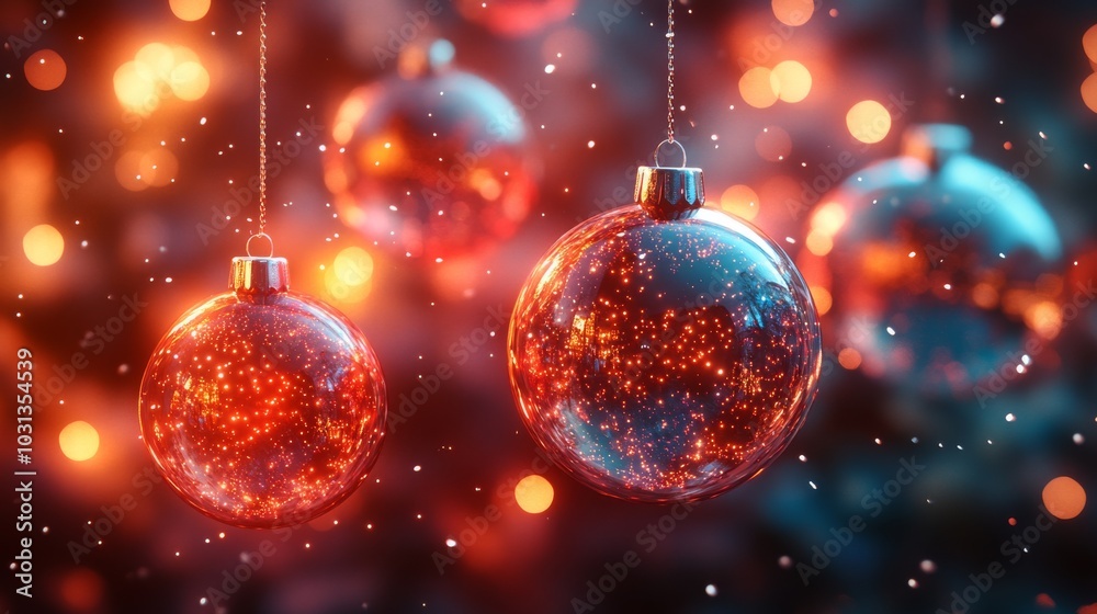 Fototapeta premium Glimmering Christmas ornaments with festive bokeh background