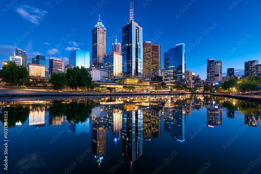 City skyline at night, reflected perfectly in a calm river City skyline at night, reflected perfectly in a calm river