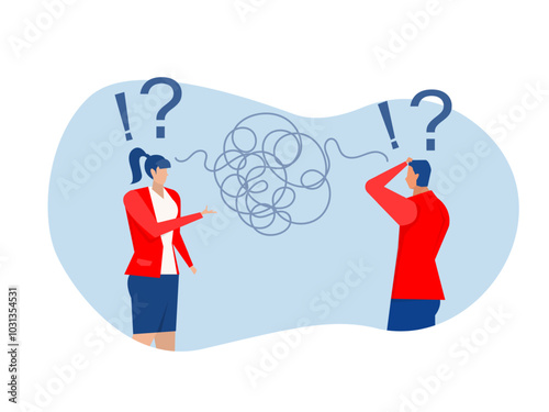 Problems in communication, mess or chaos communicate, conflict opinion,miscommunicate unclear message and information,business people colleagues communicate with messy line.