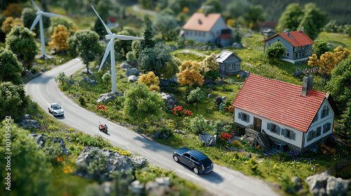 Scenic rural landscape with vehicles, windmills photo