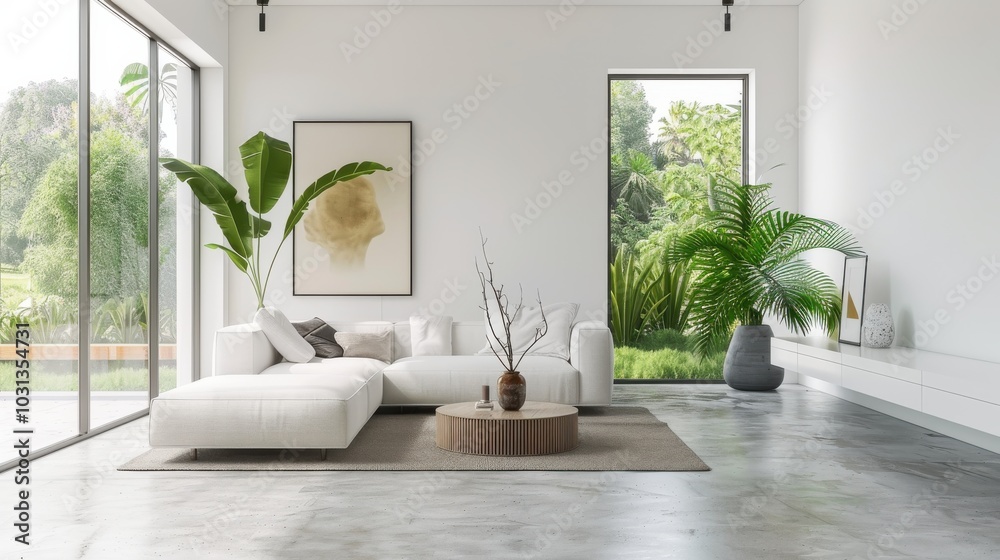 Fototapeta premium A living room with a white couch, a coffee table, and a potted plant. The room has a modern and minimalist design, with a large window letting in natural light. The space is clean and uncluttered