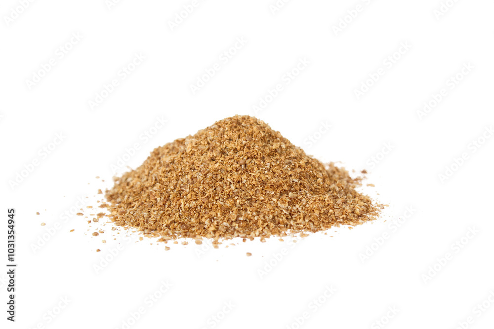 Heap of powdered coriander isolated on a white background. Ground coriander. Heap of powdered coriander isolated on a white background. Ground coriander.