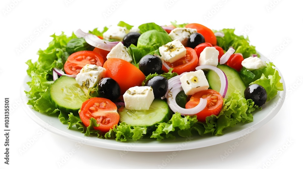 Fresh greek salad on a plate on white background. Fresh greek salad on a plate on white background.
