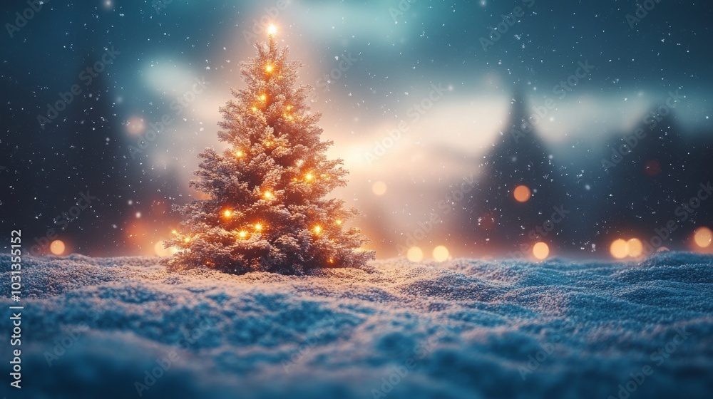 Enchanting snowy Christmas tree glowing in winter wonderland