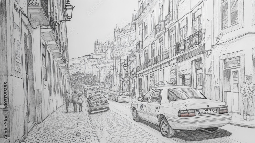 Obraz premium A detailed pencil drawing capturing a vibrant taxi ride through the winding streets of Lisbon, showcasing its unique architecture and tiles