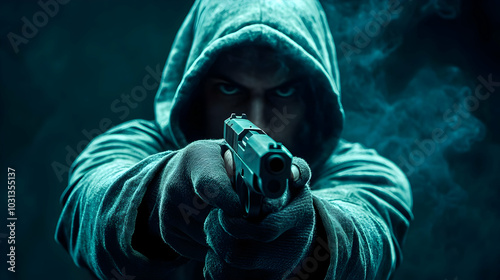 A hooded figure aiming a ha...