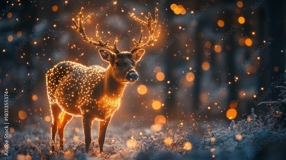 Enchanted deer illuminated by magical lights in winter forest Enchanted deer illuminated by magical lights in winter forest