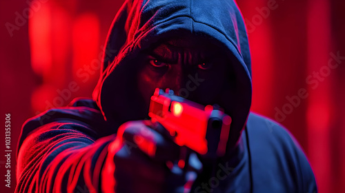 A hooded figure aims a hand...