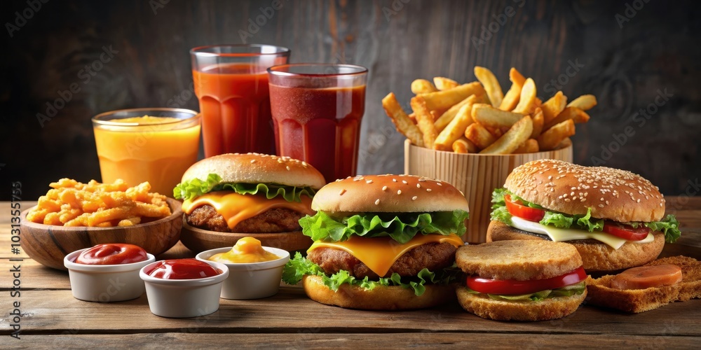 Fast food chaos with fries, burgers, hash browns, drinks, and sauces flying on a table, fast food, explosion, chaos, fries Fast food chaos with fries, burgers, hash browns, drinks, and sauces flying on a table, fast food, explosion, chaos, fries