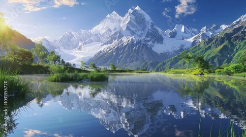 Mount Everest reflected in a tranquil high-altitude lake during a sunny day, showcasing nature's breathtaking beauty and serenity