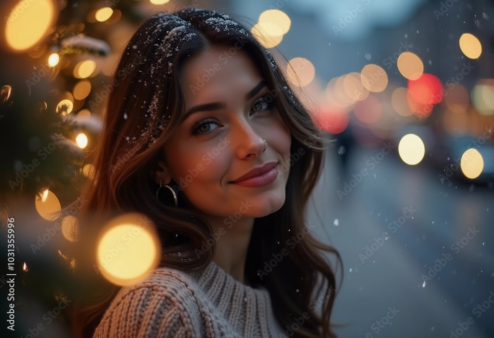 A stunning woman smiles softly as snowflakes fall around her in a delightful city setting, capturing the magic of the Christmas season. Beautiful brunette with long hair. Generative AI A stunning woman smiles softly as snowflakes fall around her in a delightful city setting, capturing the magic of the Christmas season. Beautiful brunette with long hair. Generative AI