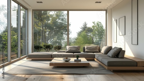 A living room with a large window and a couch. The couch is covered in pillows and there is a coffee table in the middle of the room. The room has a modern and spacious feel to it