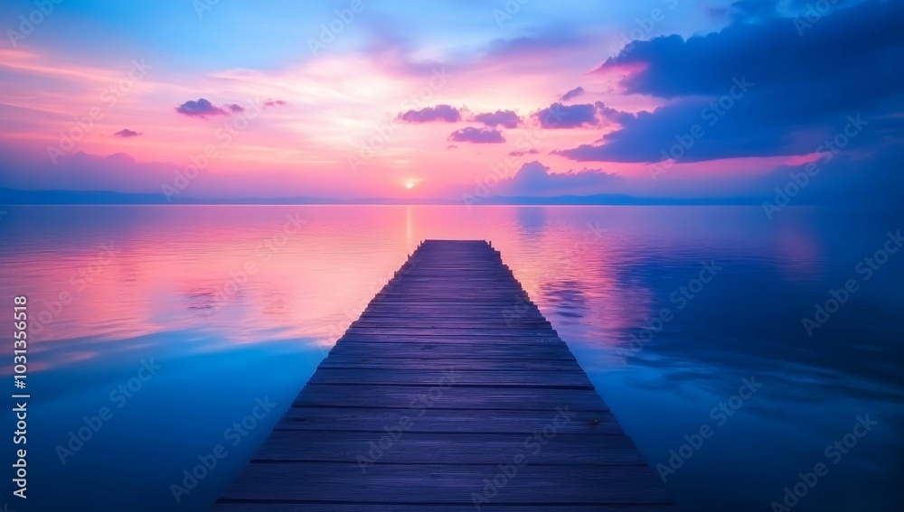 Naklejka premium A wooden pier extends out into a calm lake at sunset, with a vibrant sky of pink, purple, and blue hues.
