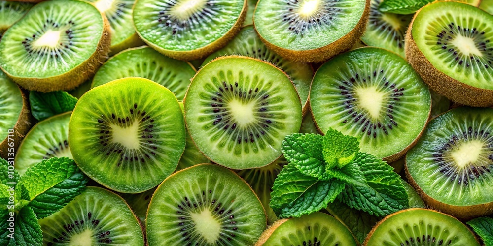 A vibrant display of fresh kiwi slices, artfully arranged with sprigs of verdant mint, showcasing the fruit's natural beauty and refreshing appeal. A vibrant display of fresh kiwi slices, artfully arranged with sprigs of verdant mint, showcasing the fruit's natural beauty and refreshing appeal.