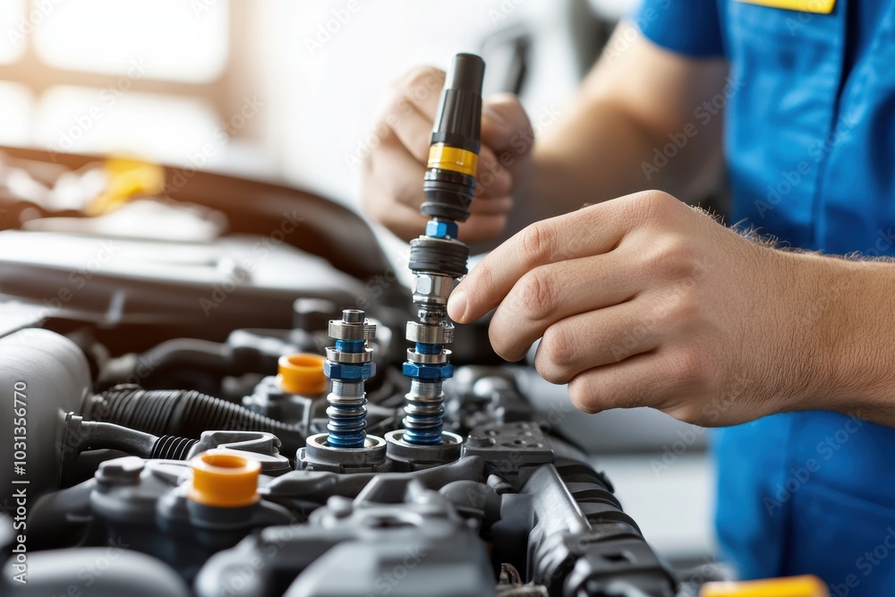 A mechanic carefully installs a fuel injector into an engine, showcasing precision and expertise in automotive repair. A mechanic carefully installs a fuel injector into an engine, showcasing precision and expertise in automotive repair.