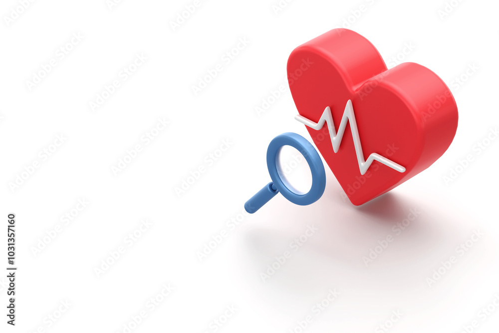 Heart Health Under the Microscope, magnifying glass focuses on vibrant red heart with beating pulse, symbolizing the importance of cardiological care and understanding, 3d rendering