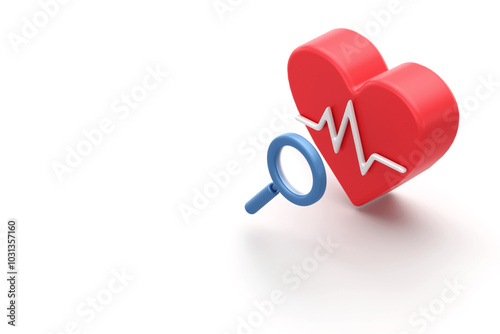 Obraz na płótnie Heart Health Under the Microscope, magnifying glass focuses on vibrant red heart with beating pulse, symbolizing the importance of cardiological care and understanding, 3d rendering w salonie