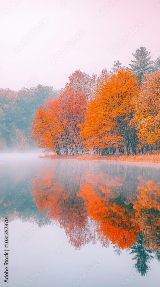 A serene lake surrounded by vibrant autumn trees A serene lake surrounded by vibrant autumn trees