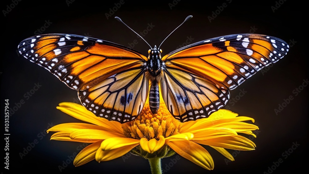 Obraz premium A vibrant butterfly with orange and black wings rests delicately on a yellow blossom, its intricate patterns contrasting against the dark background.