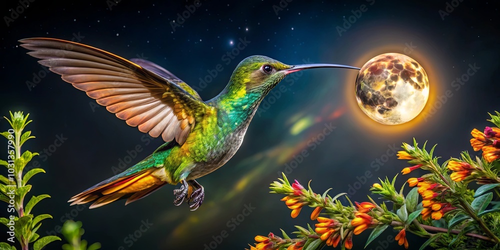 Obraz premium A Vibrant Hummingbird with Feathered Wings Soars Towards a Full Moon Under a Starry Night Sky