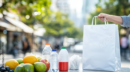 A person holds a white shopping bag surrounded by fresh fruits and beverages in an urban setting, reflecting a healthy lifestyle.