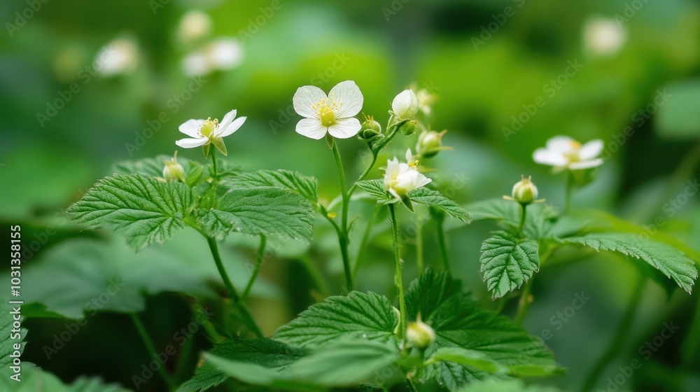 A bunch of white flowers with green leaves A bunch of white flowers with green leaves