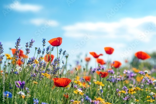 A vibrant field of wildflowers with an array of colors including red poppies, purple lavender, and golden daisies swaying gently in the breeze under a bright sunny sky