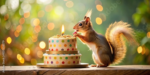 A Festive Squirrel Enjoys a Birthday Treat with a Colorful Cake and a Single Candle