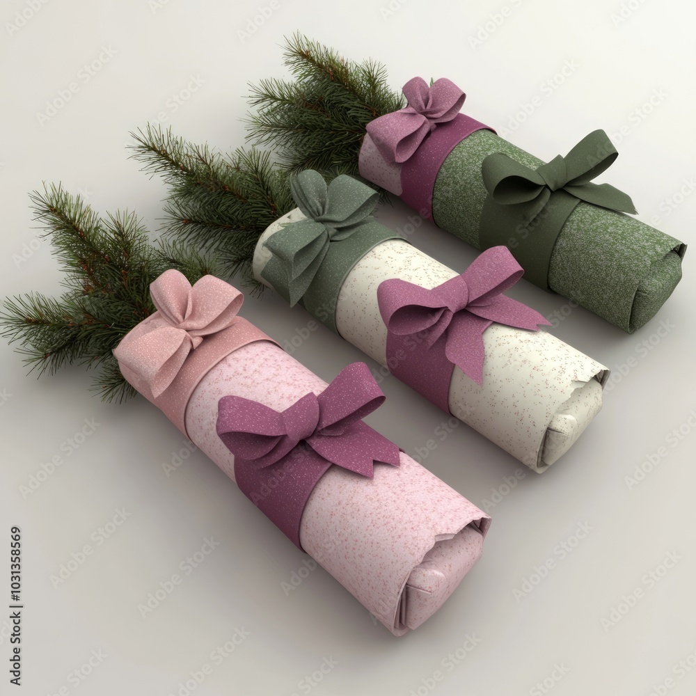 Three beautifully wrapped gifts with bows and pine accents. Three beautifully wrapped gifts with bows and pine accents.