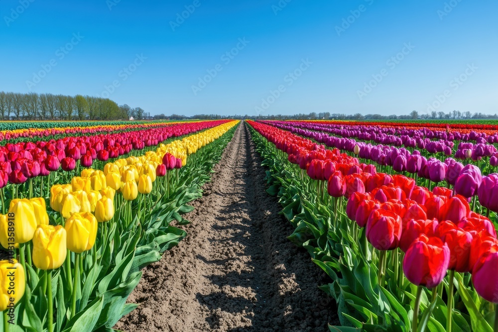 A vibrant tulip field showcasing rows upon rows of colorful tulips in red, yellow, and purple, stretching endlessly under a clear blue sky A vibrant tulip field showcasing rows upon rows of colorful tulips in red, yellow, and purple, stretching endlessly under a clear blue sky