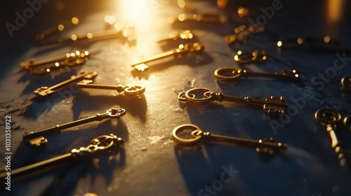 A collection of vintage keys scattered on a surface illuminated by light