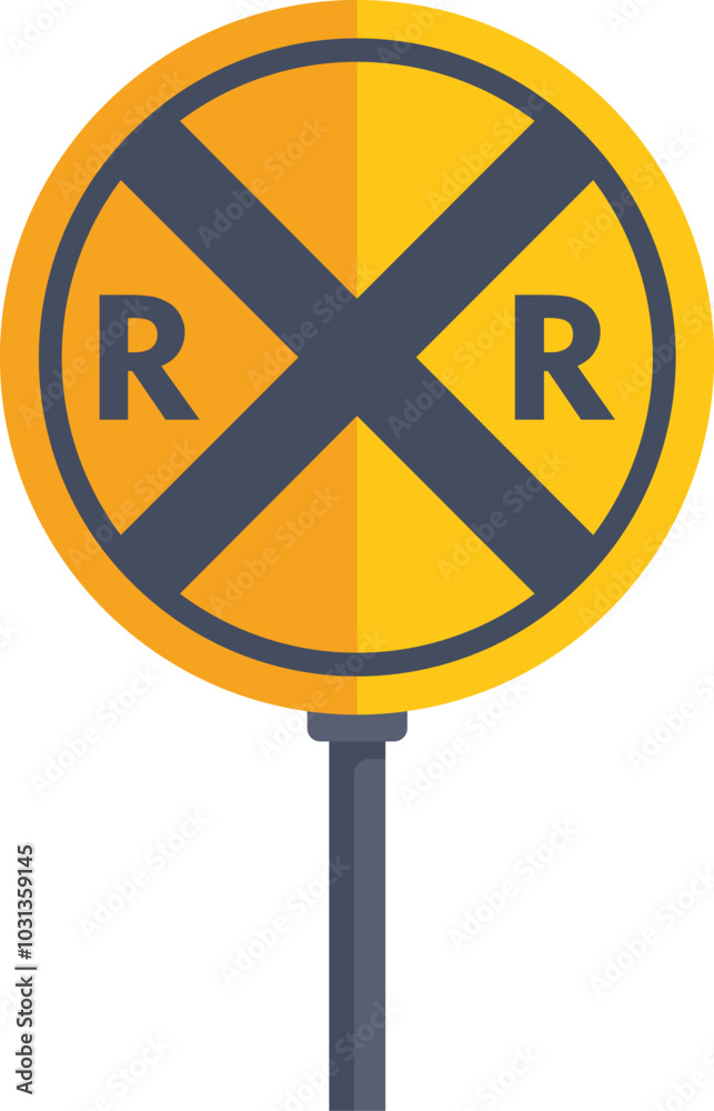 Railroad crossing sign standing on a pole, signaling an upcoming railway crossing and urging caution Railroad crossing sign standing on a pole, signaling an upcoming railway crossing and urging caution