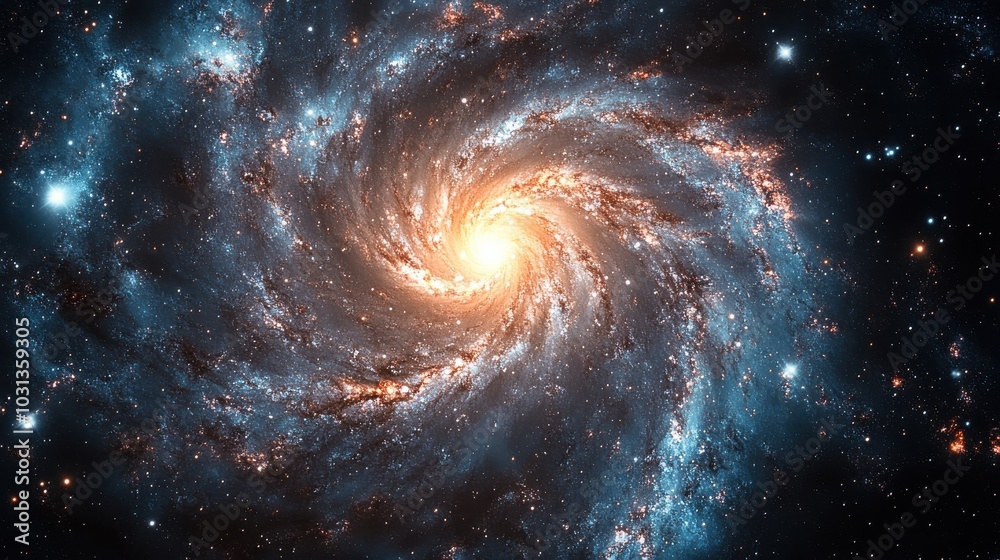 A spiral galaxy with a bright yellow star in the center A spiral galaxy with a bright yellow star in the center