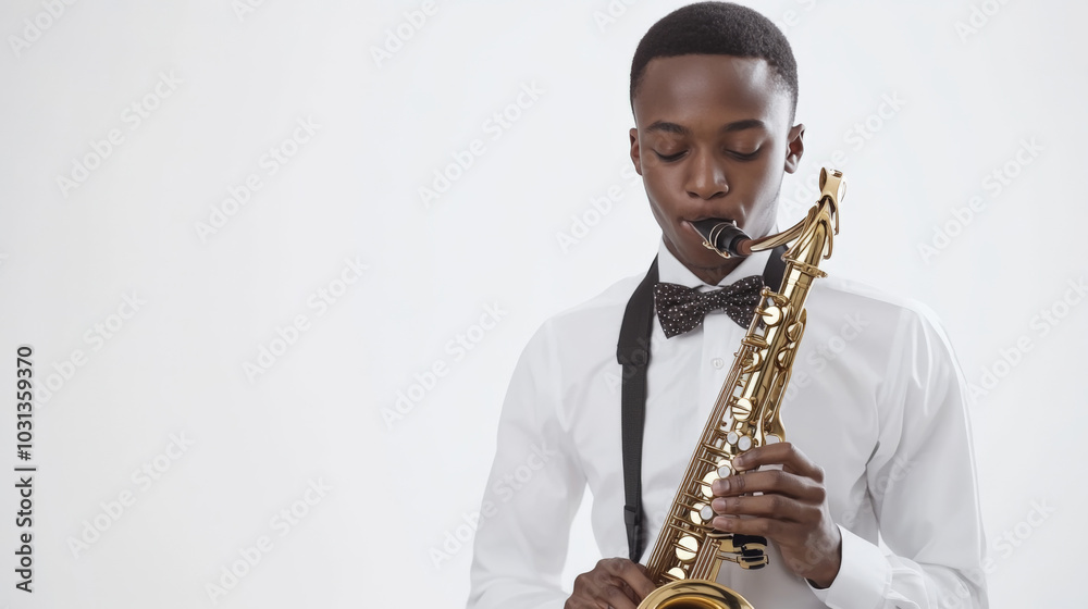 Naklejka premium Young musician in bow tie performing with saxophone in studio setting