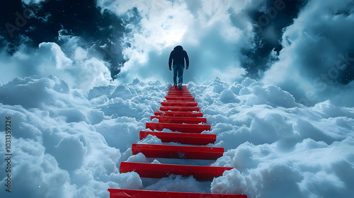 A figure ascends a red stai...