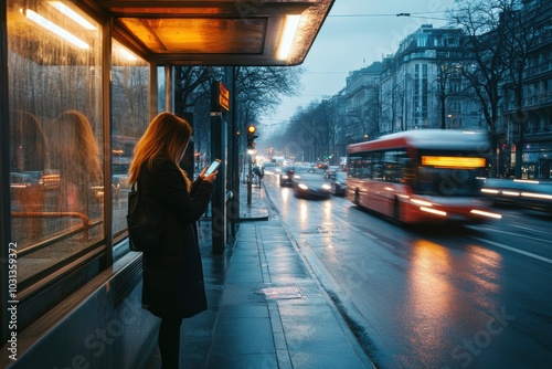 A woman standing at a bus stop, checking her phone while waiting in bus stop