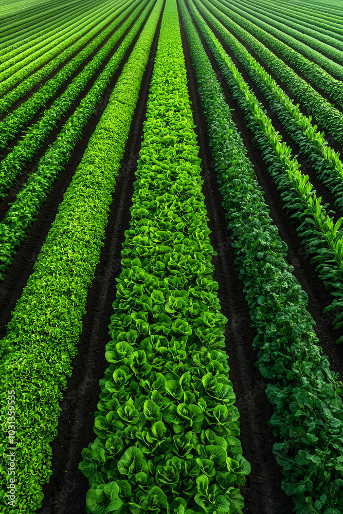 A top view of a field of organic vegetables, with rows of carrots, lettuce, and spinach growing without the use of synthetic chemicals A top view of a field of organic vegetables, with rows of carrots, lettuce, and spinach growing without the use of synthetic chemicals
