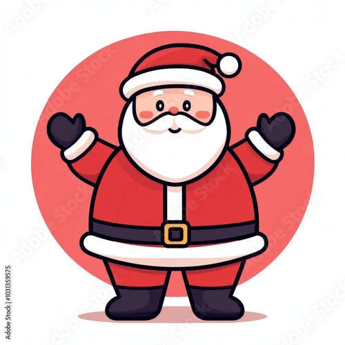 A cheerful cartoon Santa Claus waving in a festive red background.