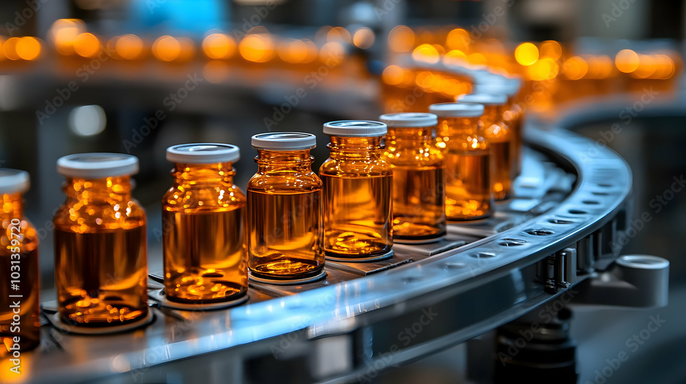 Bottles of amber liquid on a conveyor belt in a production facility. Bottles of amber liquid on a conveyor belt in a production facility.
