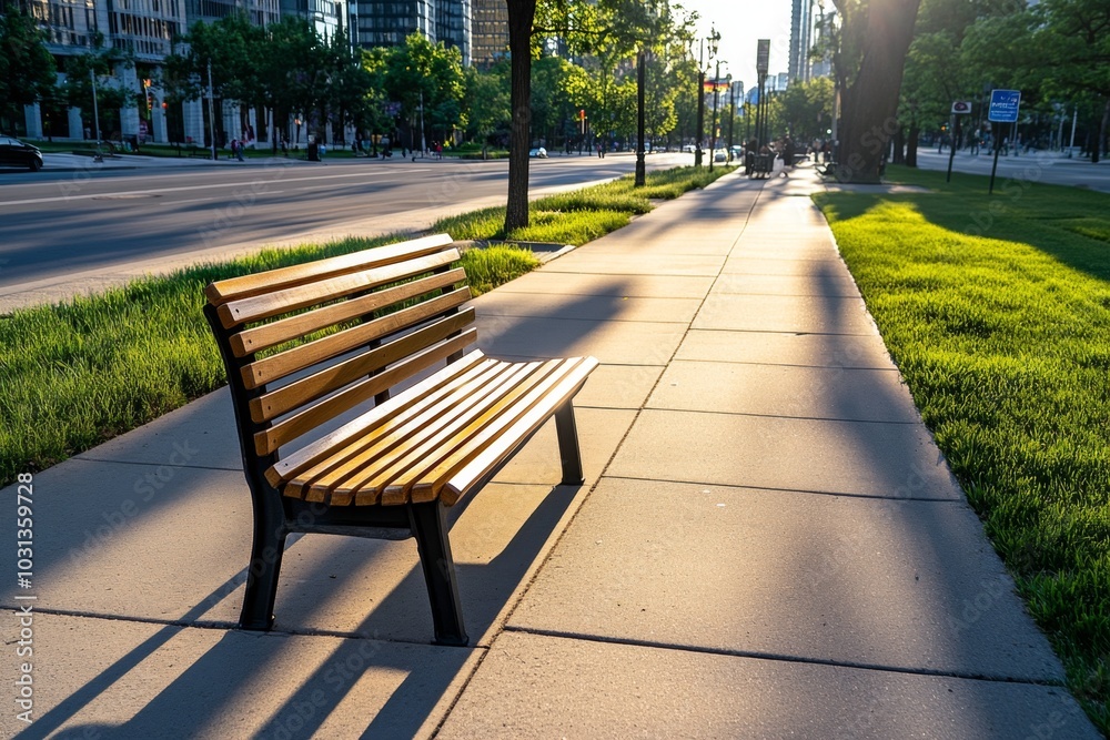 Lonely bench on an empty sidewalk, with subtle light casting long shadows Lonely bench on an empty sidewalk, with subtle light casting long shadows