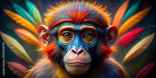 A vibrant primate portrait with expressive eyes and a captivating gaze, surrounded by a backdrop of colorful feathers, showcasing the beauty of nature's artistry.