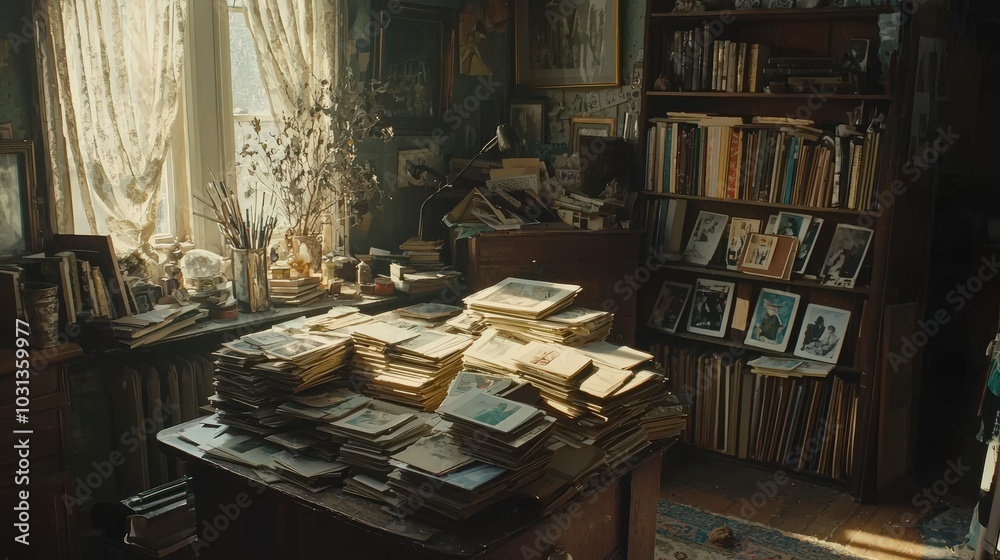 Obraz premium A cluttered room filled with old photographs and books on shelves