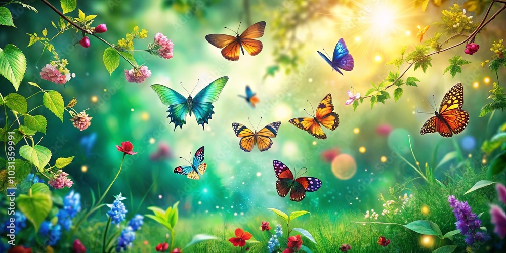 A vibrant meadow teeming with life, a symphony of colors painted across the canvas of nature, where delicate wings flutter in the gentle breeze and flowers bloom in a radiant spectacle A vibrant meadow teeming with life, a symphony of colors painted across the canvas of nature, where delicate wings flutter in the gentle breeze and flowers bloom in a radiant spectacle