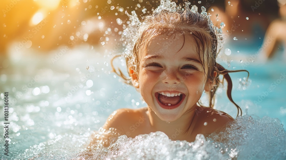 A young girl is smiling and splashing in a pool A young girl is smiling and splashing in a pool