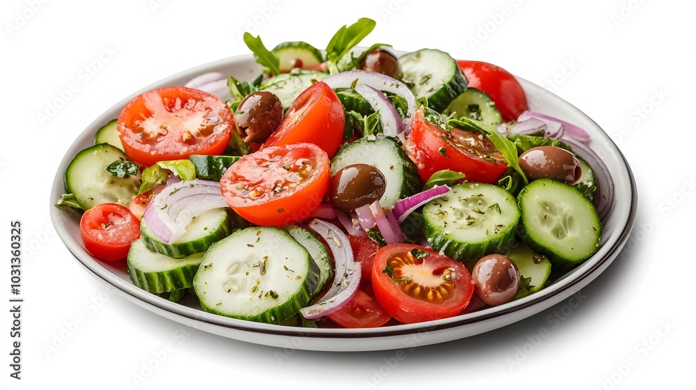 Fresh greek salad on a plate on white background. Fresh greek salad on a plate on white background.