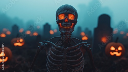 Chilling in the graveyard a spooky skeleton surrounded by jack-o'-lanterns on halloween night