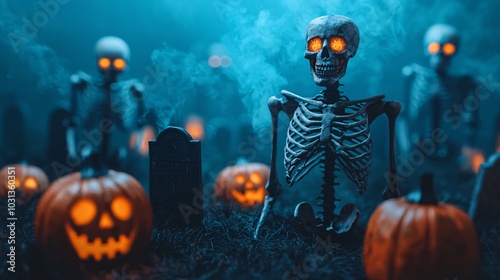 Spooky skeletons and glowing pumpkins a haunting halloween scene with eerie atmosphere and festive decor