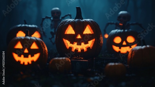 Spooky halloween night jack-o'-lanterns lit up among eerie skeletons in foggy forest setting
