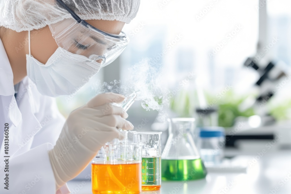A scientist conducts experiments with colorful liquids in a laboratory, showcasing the process of scientific discovery. A scientist conducts experiments with colorful liquids in a laboratory, showcasing the process of scientific discovery.